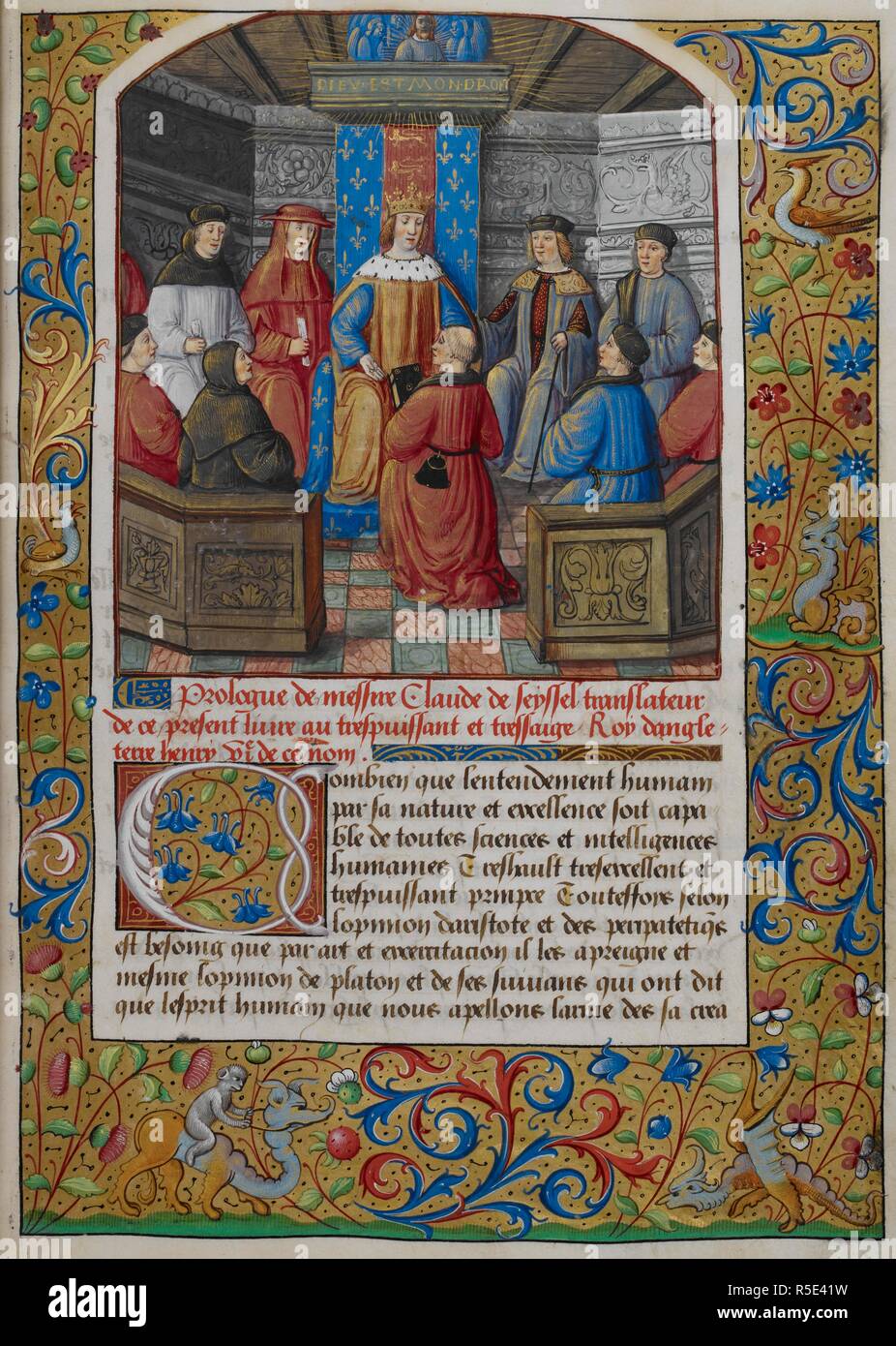 Claude de Seyssel presentando il manoscritto a Enrico VII. Anabasis. Bourges, c. 1506. Fonte: Royal 19 C. VI, f.17. Lingua: Francese. Foto Stock
