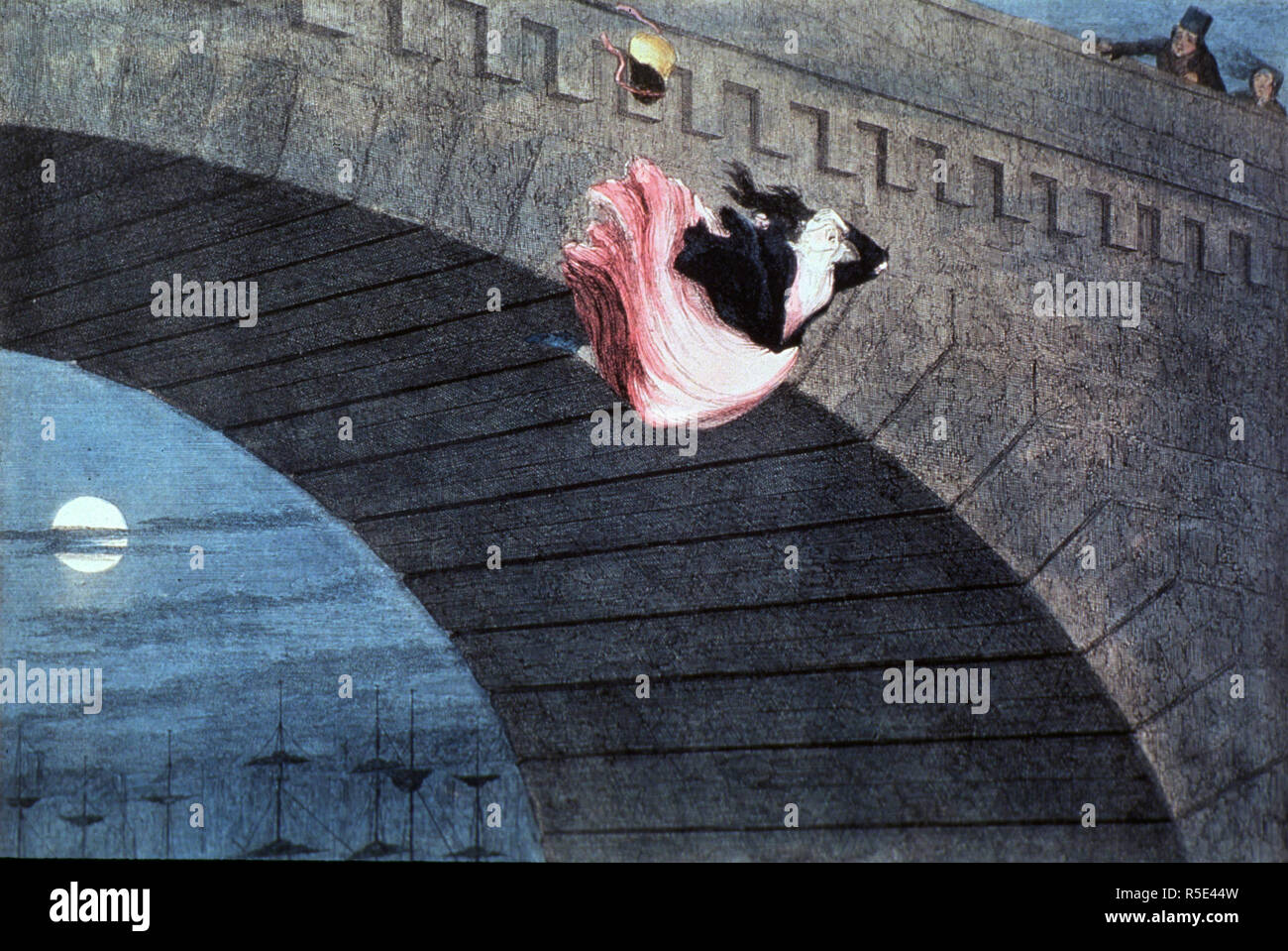 Una giovane donna ha scavalcato da un ponte; due curiosi sono in piedi sul ponte nell'angolo superiore destro; nave montanti sono visibili in basso a sinistra sotto l'arco del ponte attraverso il quale brilla una luna piena. Foto Stock