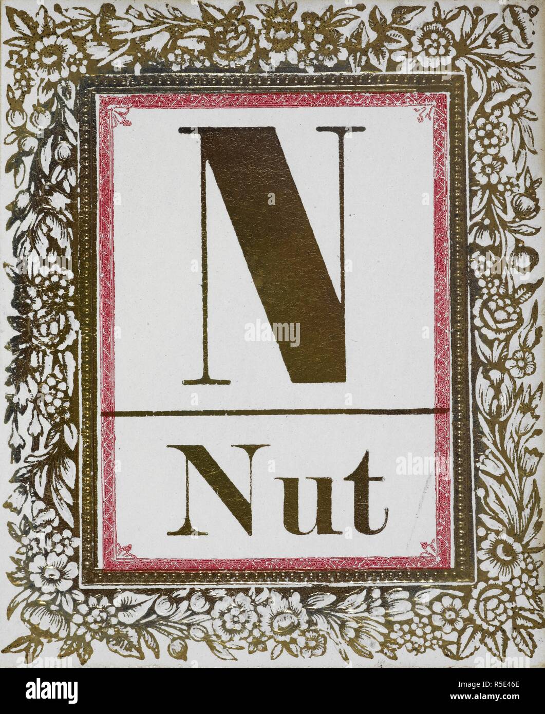 Lettera lettera d'oro con cornice decorativa. Carte di alfabeto. Londra : T. Nelson & Sons, [1858]. Istruzioni allegate schede: 'Lasciate che le lettere tutte essere accatastati in un heap confuso, dal quale il bambino può sollevare uno per uno. Fargli conservare tutto ciò che egli può correttamente il nome e lasciare che il maestro prendere tutte che egli nomi sbagliati, fino alla pila di lettere è diviso in due mucchi, che possono essere contati. Se il bambino è di heap la più grande, che è, se egli ha chiamato il maggior numero a destra, egli ha guadagnato il gioco. Se il premio è uno zucchero-prugna o qualsiasi inezia, eccitare grande interesse; il bambino sarà presto conoscere un Foto Stock