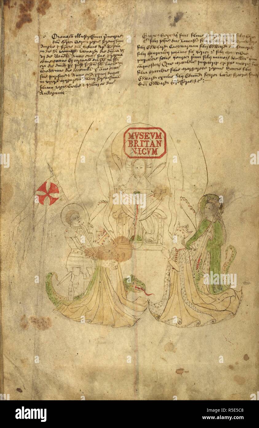 Disegno colorato con Enrico VI, re d'Inghilterra, e sua moglie Margherita di Anjou accompagnati dai loro santi patroni George e Margaret inginocchiato davanti a Dio tenendo Cristo sulla croce alla fine della genealogia dei re d'Inghilterra. La storia e la genealogia dei re del Wessex, Essex, East Anglia, Northumbria, Mercia e Inghilterra (a Enrico VI). Inghilterra; terzo quarto del XV secolo, dopo 1445 e prima di 1461. Fonte: Harley 318, f. 8*v. Lingue: Latina. Foto Stock
