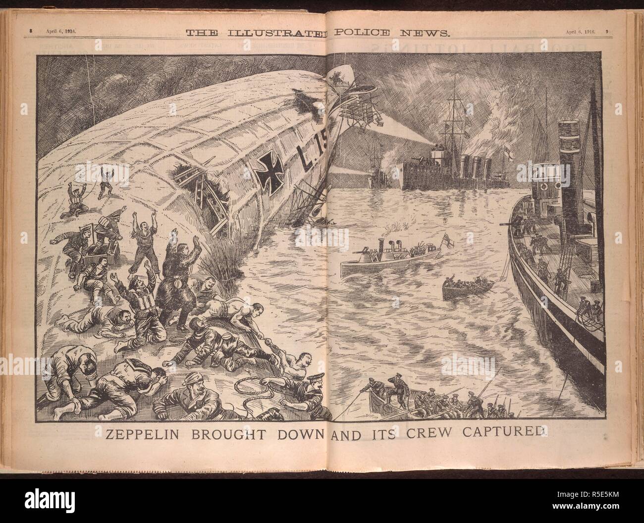 Zeppelin portato verso il basso e il suo equipaggio catturato." uno Zeppelin è un tipo di dirigibile rigido introdotto dal conteggio tedesco Ferdinand von Zeppelin agli inizi del XX secolo. Dopo lo scoppio della Prima Guerra Mondiale, il militare tedesco fatto ampio uso di dirigibili come bombardieri e scout. La polizia illustrato News. 1916. Fonte: Polizia illustrato News, 6 aprile 1916 Pagina 9. Foto Stock