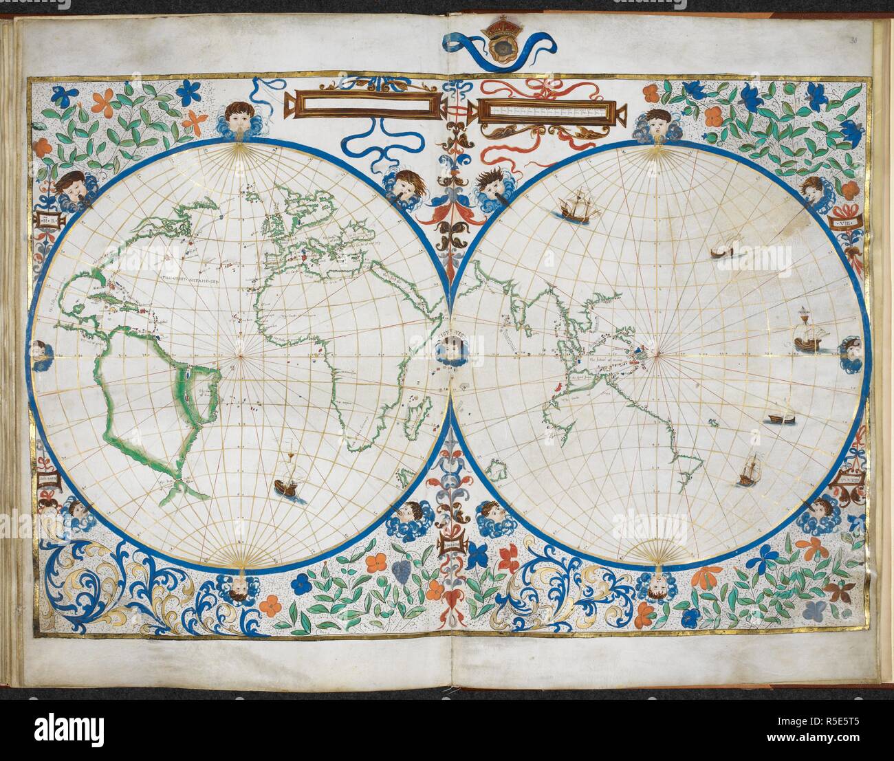 Mappa del mondo. Orientale ed Emisferi Occidentali; Brasile mostrato come separato dal continente. Jean Rotz, Boke di Idrography (l 'Rotz Atlas"). 1542. Fonte: Royal 20 E. IX, SS29v-30. Lingua: Inglese. Foto Stock