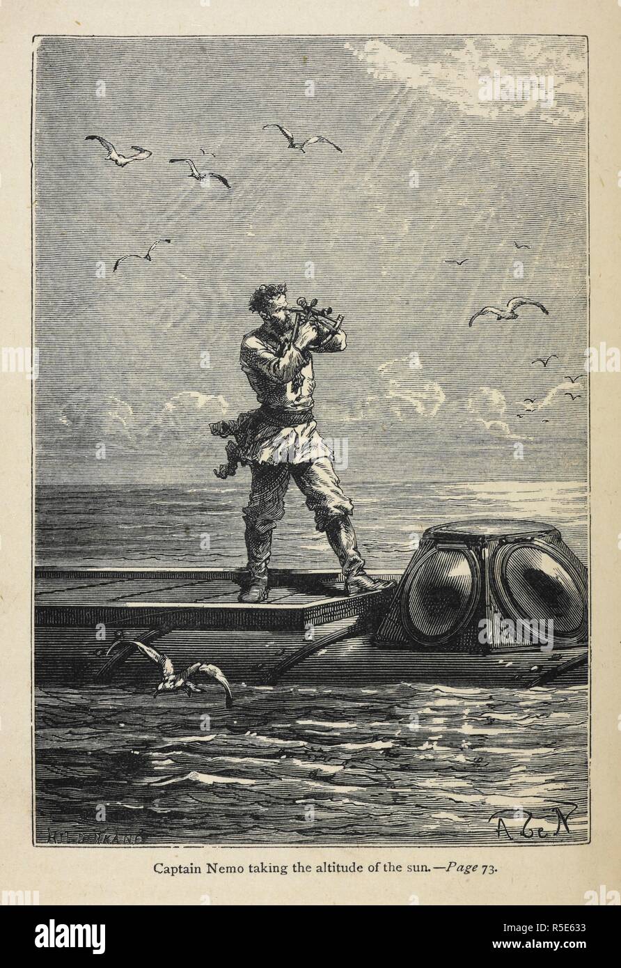 "Capitano Nemo tenendo l'altezza del sole". In piedi sul ponte del sommergibile, "Nautilus". Ventimila leghe sotto i mari. Tradotto dal francese con illustrazioni. Terza edizione. [Vingt Mille Lieues Sous les Mers]. Londra : Sampson bassa & Co., 1873. Fonte: 12516.g.21 opposta alla pagina 73. Lingua: Inglese. Autore: VERNE, Jules. Foto Stock
