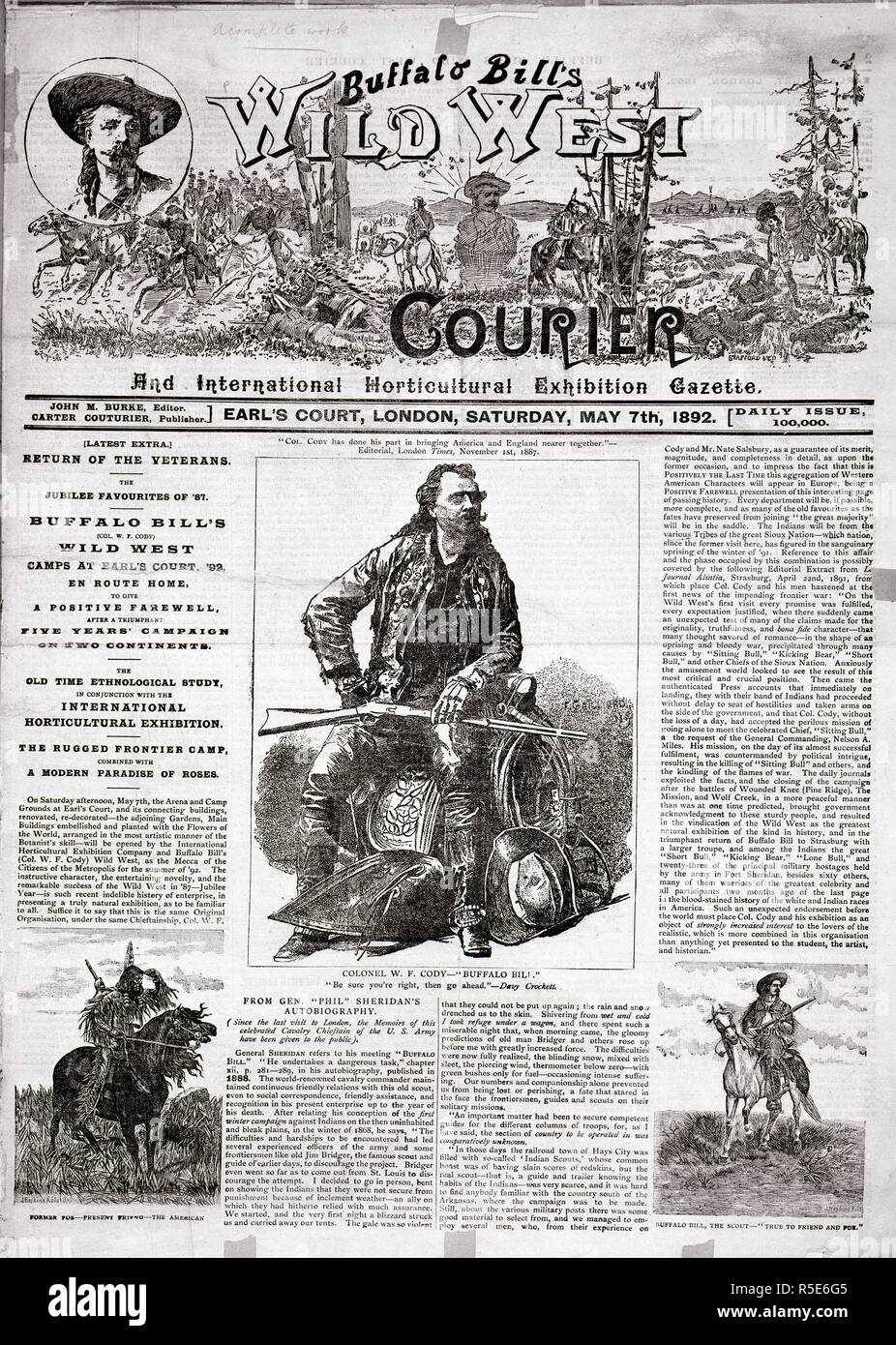 Pubblicità per la mostra di Earl's Court con il colonnello W.F. Cody, noto come Buffalo Bill. Buffalo Bill's Wild West e Corriere internazionale. Earl's Court, Londra, 1892. Fonte: Colindale, front page. Lingua: Inglese. Foto Stock