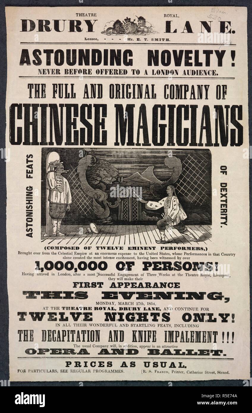 Il pieno e impresa di origine cinese di maghi che figurano al Theatre Royal Drury Lane. Incredibili prodezze di destrezza. In tutte le loro meravigliose e sorprendenti acrobazie, compresa la decapitazione e il coltello impalement!!!. Illustrato con una manifestazione di lancio del coltello. [Londra]: R. S. Francesco, Stampante, Catherine Street, Strand, 1854. Fonte: Evan.530. Lingua: Inglese. Foto Stock