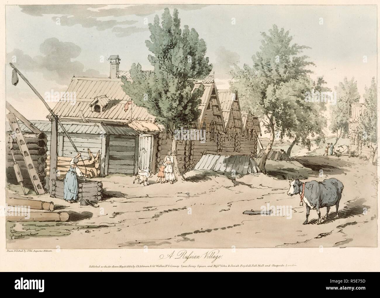 Un villaggio russo. Un villaggio street. Buoi in strada. Una donna con un pozzo. Una rappresentazione pittoresca delle maniere, dogane, e divertimenti dei russi in un centinaio di lastre colorate; con una accurata spiegazione di ciascuna piastra, in francese e in inglese. James Carpenter & Giuseppe Booker: Londra, 1812. Fonte: 150.k.17. Autore: Atkinson, J. A.Atkinson J. A. Walker, J. Foto Stock