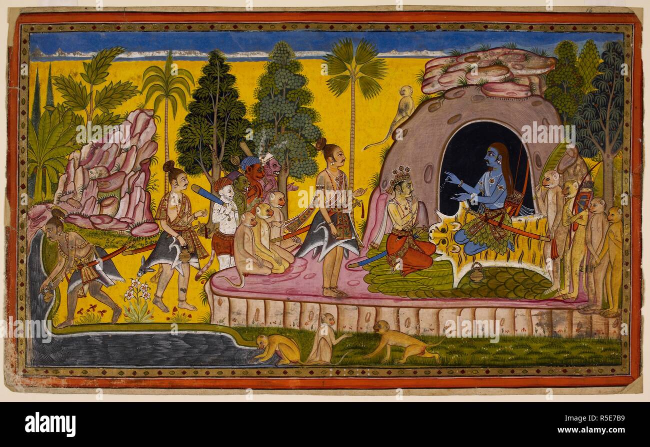 Estremamente soddisfatto delle informazioni ha portato, RÄma chiede Laká¹£maá¹‡a recuperare acqua dall'oceano e consacra VibhÄ"á¹£aá¹‡a come re di Laá¹…kÄ. VibhÄ"á¹£aá¹‡a RÄma suggerisce di cercare l'aiuto del suo antenato dell'oceano per fare un percorso per il suo esercito di fronte a Laá¹…kÄ e RÄma si prepara a propiziare. Ramayana. Udaipur, 1653. Fonte: i.o. SAN 3621, f.16. Lingua: sanscrito. Foto Stock