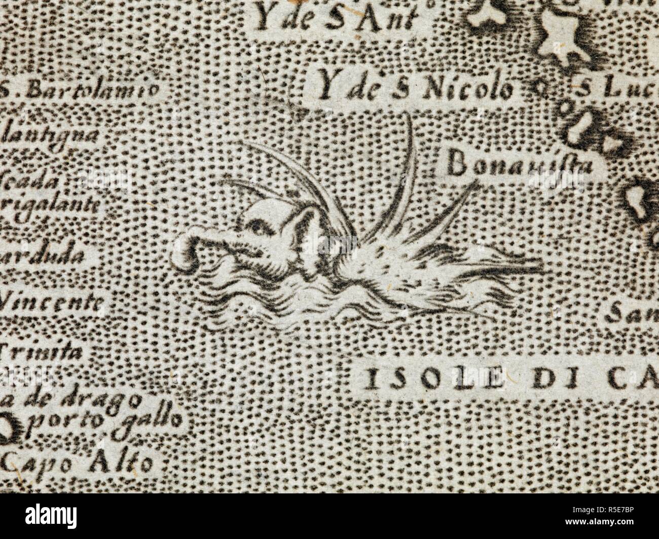 Dettaglio di un elefante marino con una impressionante gamma di punte sporgenti dalla sua parte posteriore. L'lsole piuÌ€ famose del mondo, descritte da Thomaso Porcacchi da Castiglione Arretino e intagliate da Girolamo Porro Padovano. 1576. Fonte: G.7223, pagina 161. Foto Stock