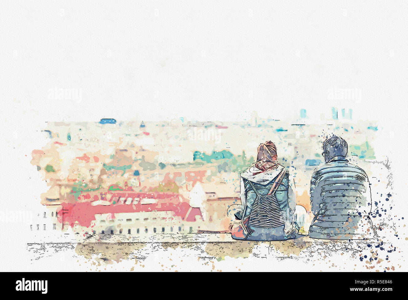 Un disegno ad acquerello o un'immagine. Coppia giovane in amore o gli amici sono seduti e ammirando la splendida architettura di Praga. Foto Stock