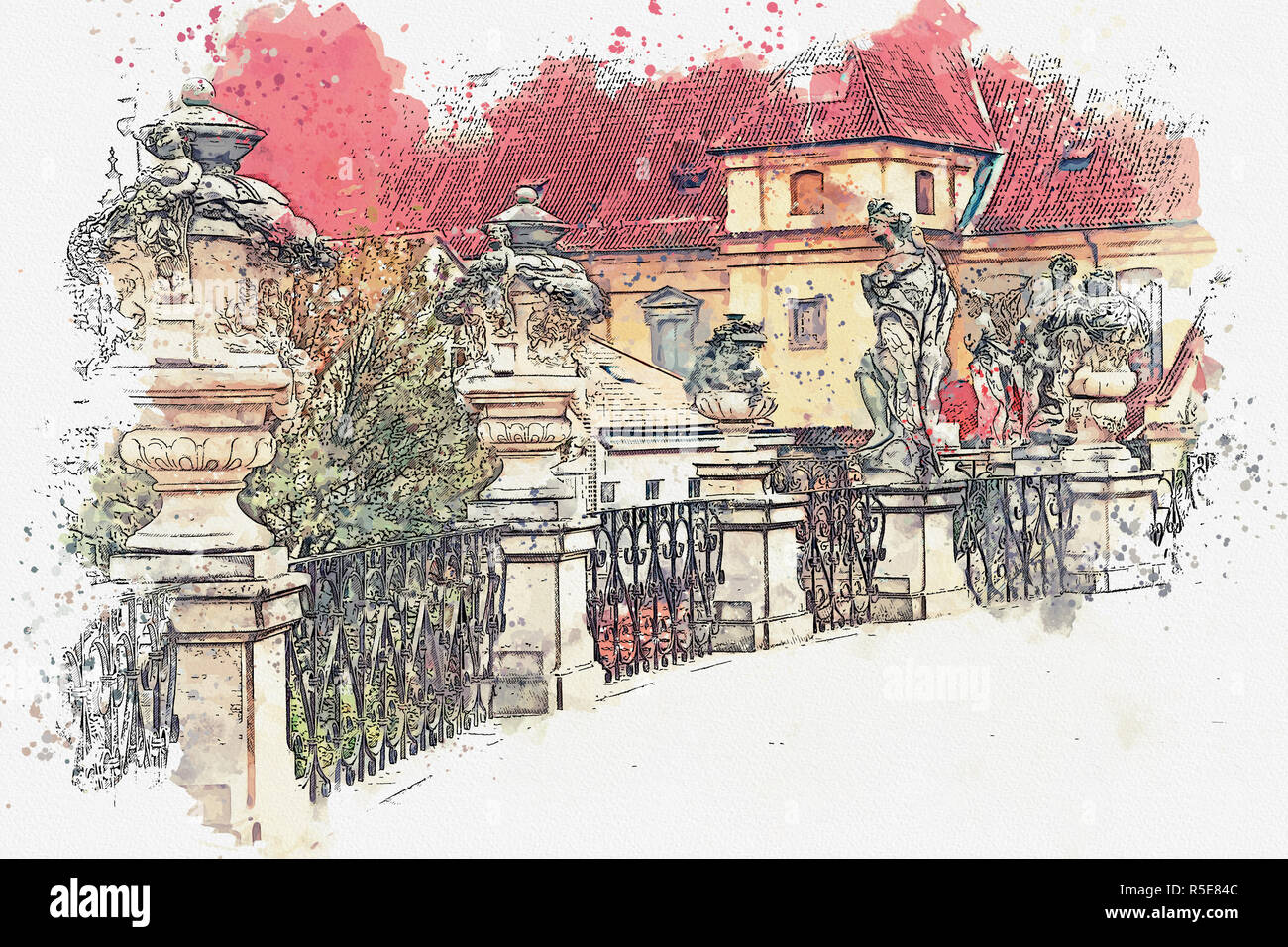 Immagine o disegno ad acquerello. Tradizionale architettura vecchia di  Praga nella Repubblica Ceca. Architettura europea Foto stock - Alamy