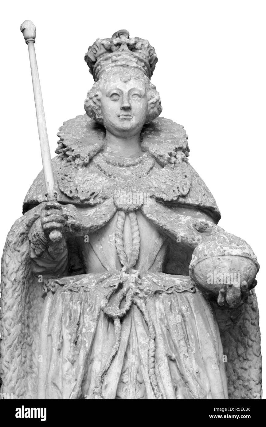 La statua della regina Elisabetta 1A è sopra la porta della chiesa di St-Dunstans-In-The-ovest in Fleet Street a Londra, Inghilterra Foto Stock