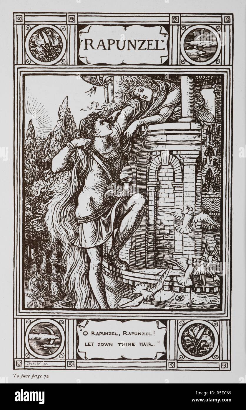 Rapunzel si appoggia al di fuori della finestra di una torre mentre un principe si arrampica i suoi capelli. . Storie di uso domestico, dalla collezione del Bros. Grimm: traduzione dal tedesco di L. gru; e fatto in immagini da W. gru. Londra : Macmillan & Co., 1882. Fonte: 12411.g.5. pagina 72. Autore: gru, WALTER. Gru, Lucy. Foto Stock