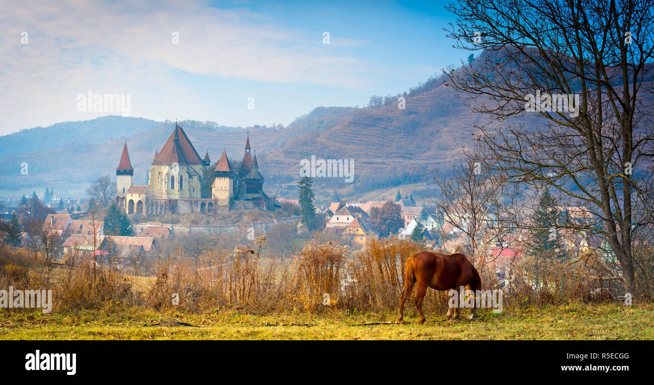 Vista in elevazione su Biertan, nr. Sighisoara, Transilvania, Romania Foto Stock