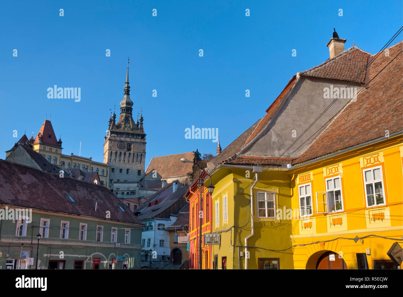 Clock Tower e vecchia città medievale, Sighisoara, Transilvania, Romania Foto Stock