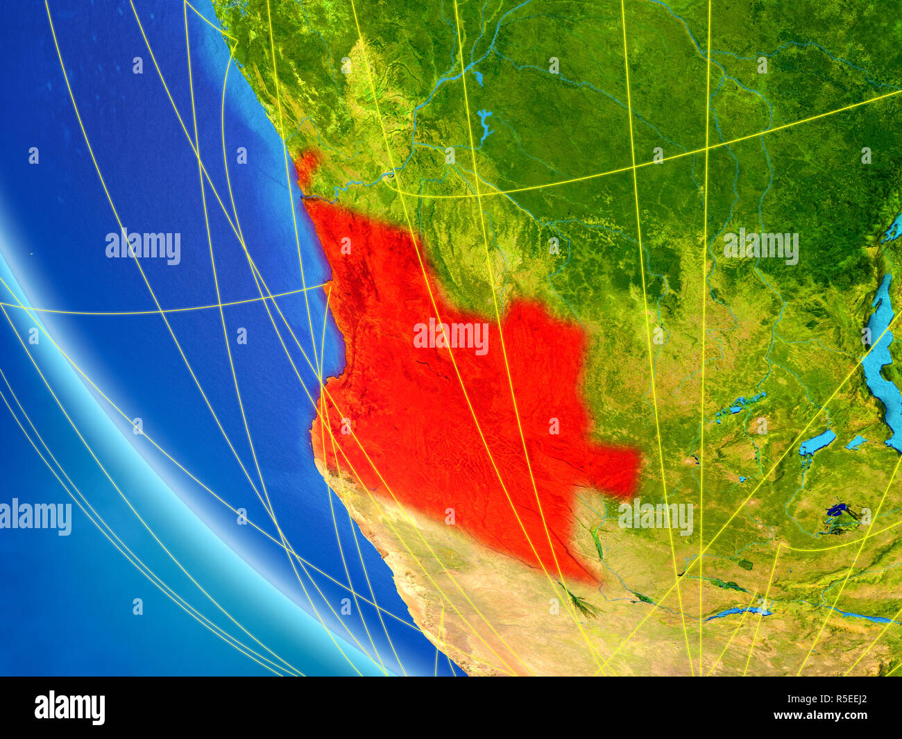 Angola sul pianeta Terra dallo spazio con rete. Concetto di comunicazione internazionale, la tecnologia e la corsa. 3D'illustrazione. Gli elementi di questa immagine Foto Stock