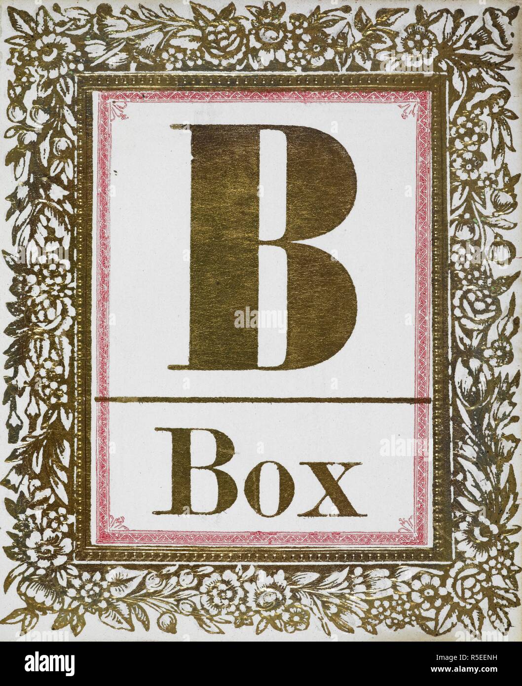 Lettera B: Box. Lettera d'oro con cornice decorativa. Carte di alfabeto. Londra : T. Nelson & Sons, [1858]. Istruzioni allegate schede: 'Lasciate che le lettere tutte essere accatastati in un heap confuso, dal quale il bambino può sollevare uno per uno. Fargli conservare tutto ciò che egli può correttamente il nome e lasciare che il maestro prendere tutte che egli nomi sbagliati, fino alla pila di lettere è diviso in due mucchi, che possono essere contati. Se il bambino è di heap la più grande, che è, se egli ha chiamato il maggior numero a destra, egli ha guadagnato il gioco. Se il premio è uno zucchero-prugna o qualsiasi inezia, eccitare grande interesse; il bambino si soo Foto Stock