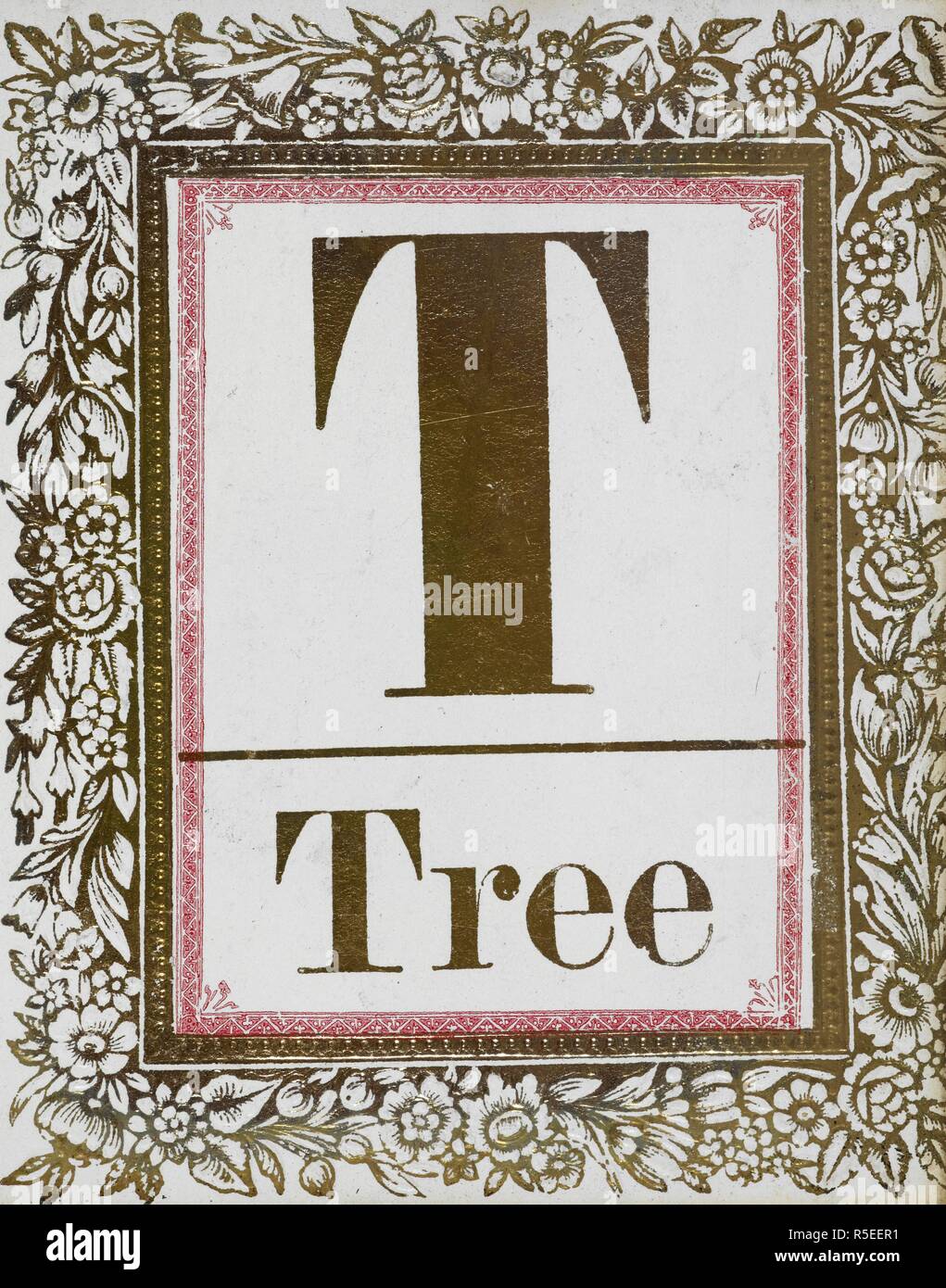 Lettera T: albero. Lettera d'oro con cornice decorativa. Carte di alfabeto. Londra : T. Nelson & Sons, [1858]. Istruzioni allegate schede: 'Lasciate che le lettere tutte essere accatastati in un heap confuso, dal quale il bambino può sollevare uno per uno. Fargli conservare tutto ciò che egli può correttamente il nome e lasciare che il maestro prendere tutte che egli nomi sbagliati, fino alla pila di lettere è diviso in due mucchi, che possono essere contati. Se il bambino è di heap la più grande, che è, se egli ha chiamato il maggior numero a destra, egli ha guadagnato il gioco. Se il premio è uno zucchero-prugna o qualsiasi inezia, eccitare grande interesse; il bambino potrà così Foto Stock