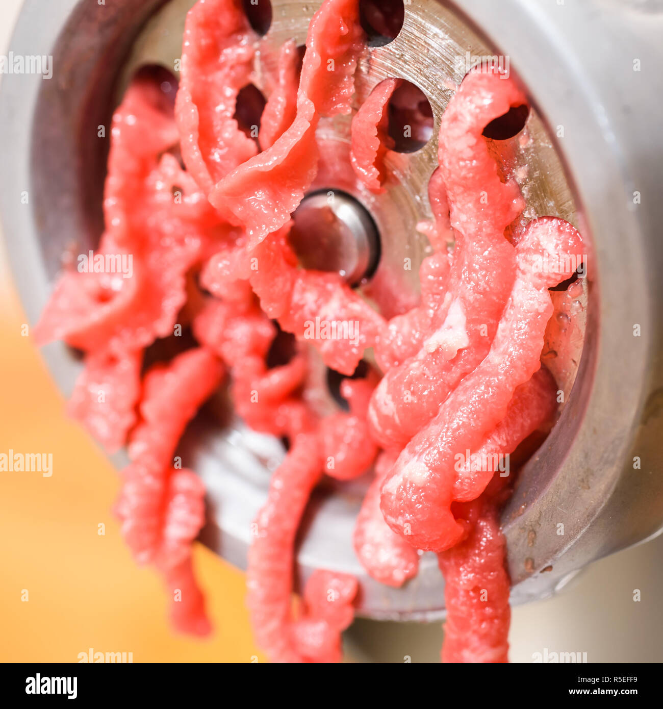 Carne cruda uscente del tritacarne come esso viene macinata. Foto Stock