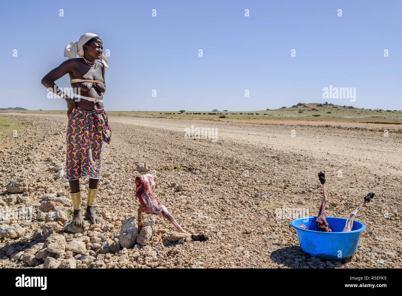 A piedi nudi Mucubale donna in piedi sulle rocce vicino alla strada cercando di vendere pezzi di carne per i pochi piloti che viaggiano sul molto angolani in remoto Foto Stock