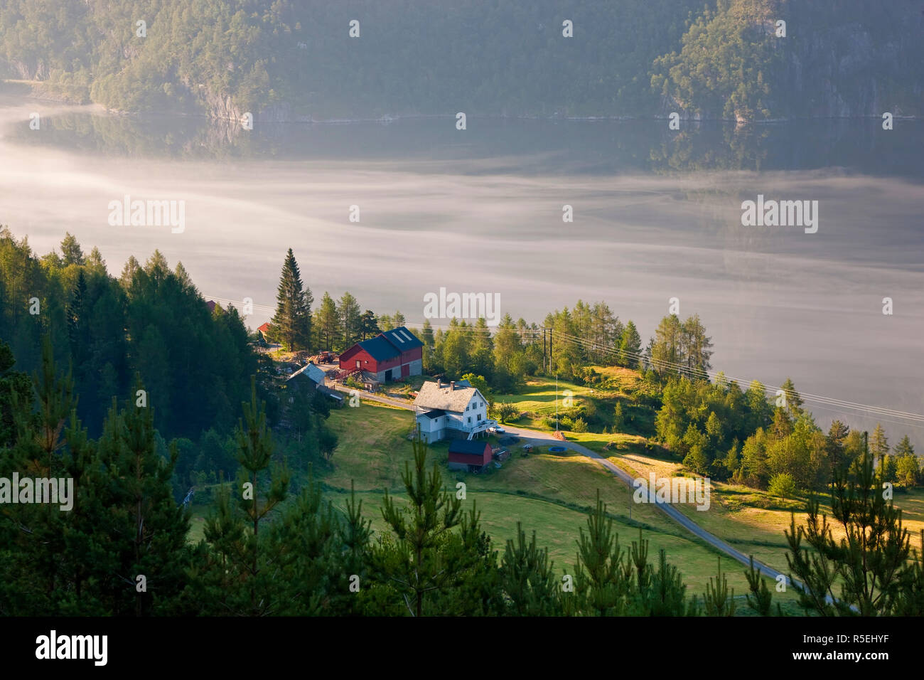 Early Morning mist, Masfjorden, Hordaland, Norvegia Foto Stock