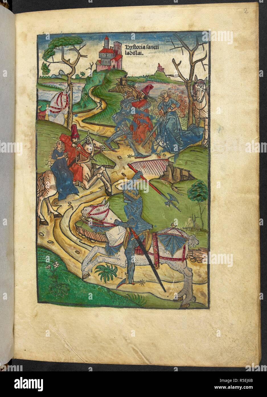 Una scena di lotta da una storia di Ungheria. Chronica Hungarorum (Cronaca degli ungheresi.). Auguste : impressa Erhardi Ratdolt ... Impensis siquidem Theobaldi Feger conciuis Budensis, 1488 tertio nonas Iunij. Fonte: IB.6663 Pagina 2. Lingue: Latina. Autore: ThurÃ³czy, Johannes. Foto Stock