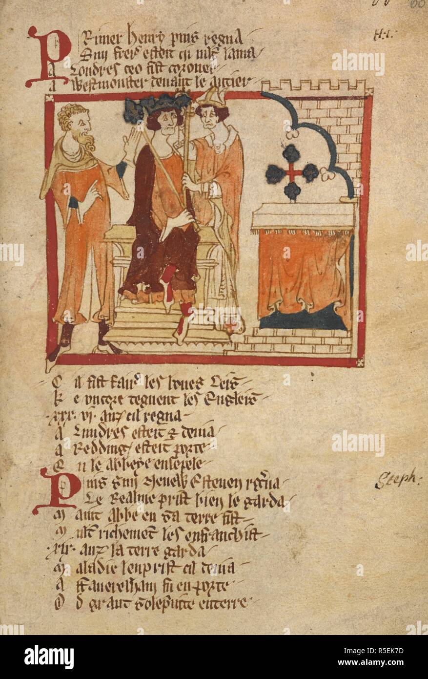 Incoronazione del Re Enrico i romanzi in francese versetto ... Il XIV secolo. Fonte: Egerton 3028 f.60. Autore: Wace, Canon di Bayeux. Foto Stock