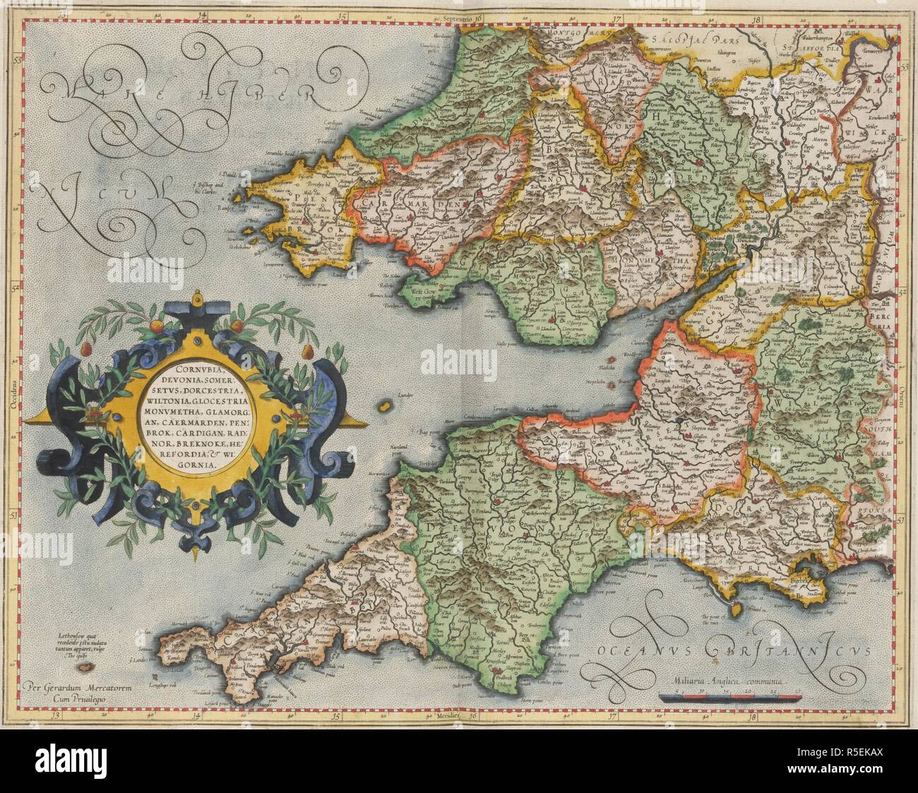 Il Galles del sud e sud ovest dell'Inghilterra. Atlas sive cosmographicae Meditationes de fabrica. Dusseldorf : Albertus Busius, 1595. Mappa di Galles del sud e sud ovest dell'Inghilterra. Immagine presa da Atlas sive cosmographicae Meditationes de fabrica mundi et fabricati figura. Gerardo Mercatore Cosmographo autore. [Edito da Rumold Mercator. Con un ritratto di G. Mercator].. Originariamente pubblicato/prodotto in Dusseldorf : Albertus Busius, 1595. . Fonte: maps.C.3.c.3, 15. Foto Stock