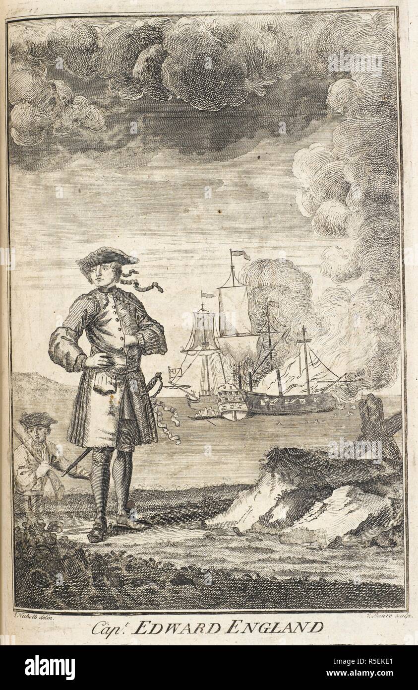 Il capitano Edward Inghilterra. Nato Edward Seegar in Irlanda, è stato un famoso litorale africano e Oceano Indiano capitano pirata dal 1717 al 1720. La sua bandiera era il classico Jolly Roger con un teschio sopra due attraversato le ossa femorali su uno sfondo nero. Una storia generale della vita e delle avventure dei più famosi banditi, assassini, Street-Robbers, &c. A cui si aggiunge un vero e proprio conto dei viaggi e di saccheggio dei più famigerati pyrates. Londra : J. Janeway, 1734. Fonte: C.175.e.9 piastra affacciata a pagina 214. Autore: Johnson, capitano Charles, pseud. Foto Stock