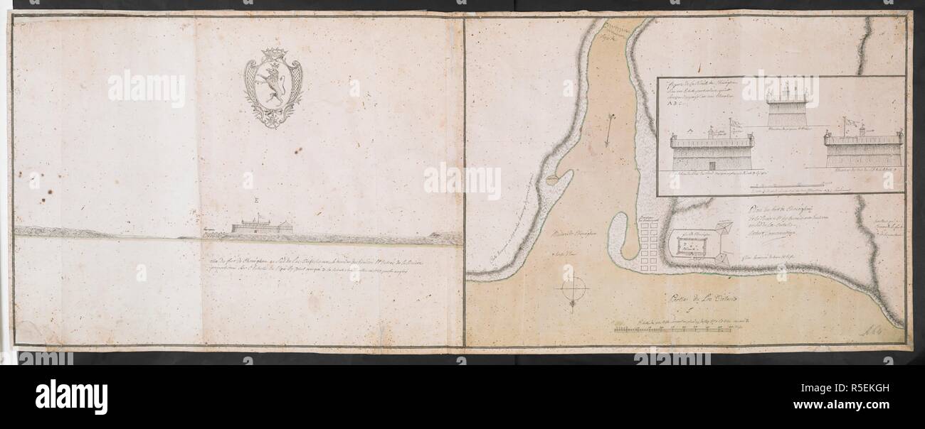 Plan de fort de ChouÃ©ghen", firmato Norbert Lamorendiere, ma chiaramente da Paolo Labrosse; poppa. 1727. Vi è anche una vista in prospettiva del fort. . R.U.S.I. Mappe. Vol. LXXIII (1-13). Il XVIII secolo. Dopo il 1727. 1:700 circa "Echelle de 50 toises" (= 142mm.). Inset, elevazioni del fort.: 1:200 circa; 'Echelle de 60 pieds" (= 93mm.). Mappa orientata con il Sud in alto. 405 x 550mm., visualizza 405 x 1115mm. Fonte: Aggiungi. 57708 f.2 Amherst n. Un 64. R.U.S.I. n. Un 30.38. Lingua: Francese. Foto Stock