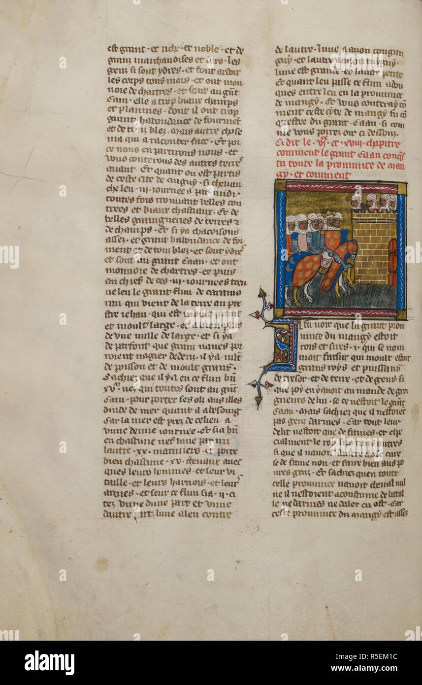 Miniatura del Khan's esercito invadendo Manzi. Historia de proeliis, tradotto in francese come la vraie ystoire dou bon roi Alixandre e altri romanzi. Francia, Centrale (Parigi); c. 1340 (dopo il 1333). Fonte: Royal 19 D. I, f.108v. Lingua: Francese. Foto Stock