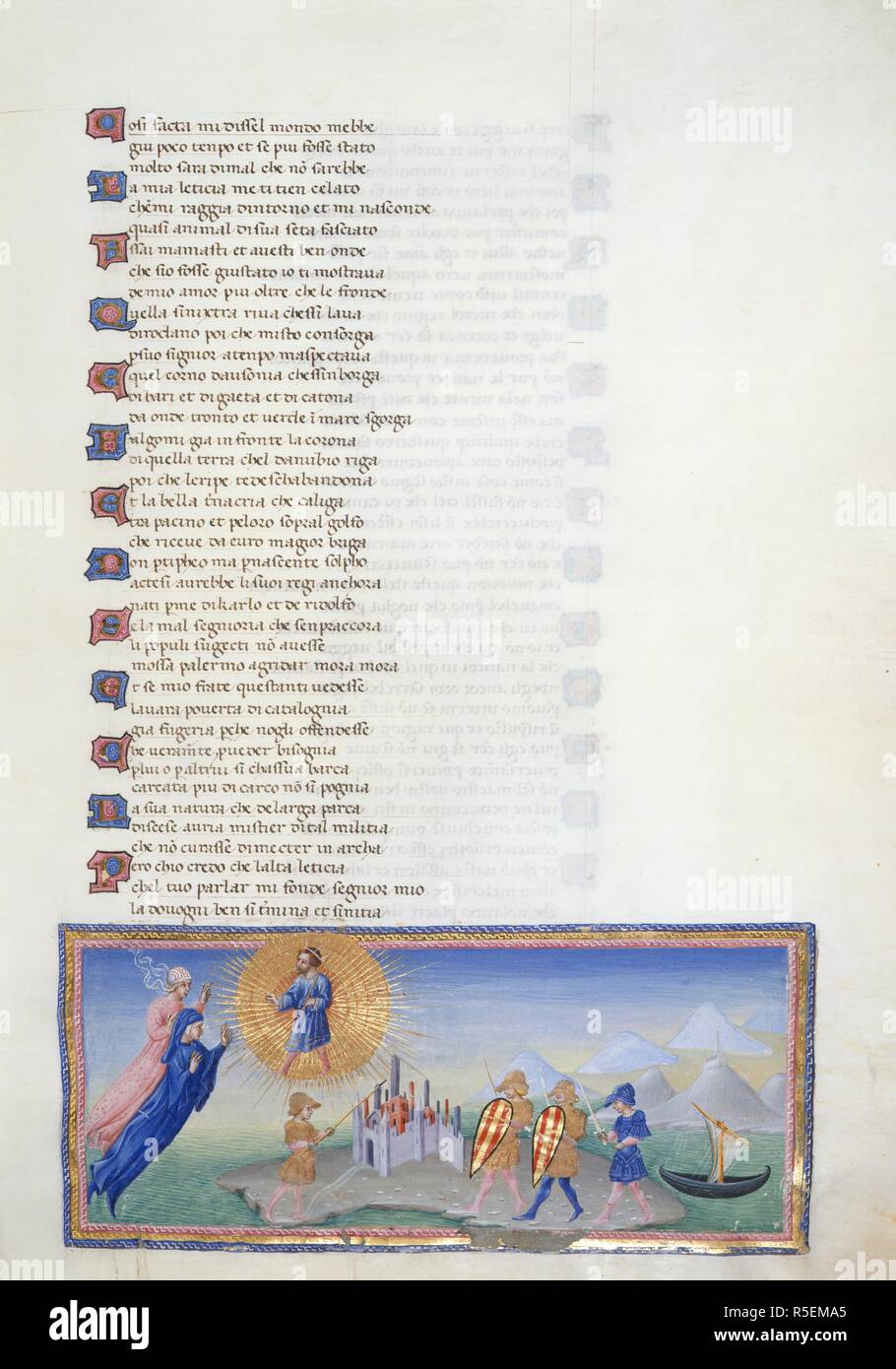 Paradiso Canto VIII. Miniatura mostra Dante e Beatrice in bilico