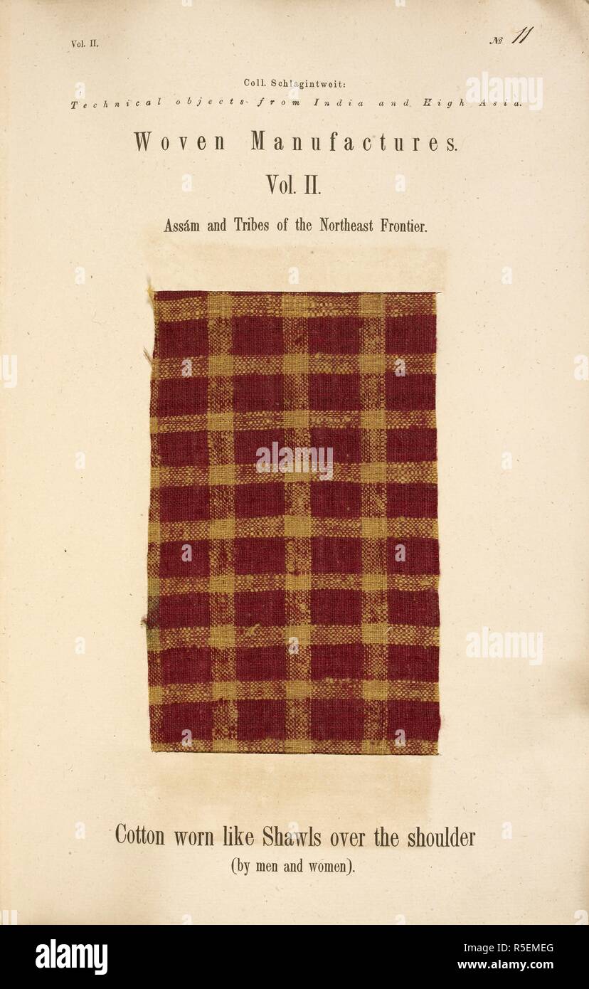 Un pezzo di tessuto di panno di lana con un disegno quadrato. Oggetti  tecnici da India e Asia alta, raccolti da Hermann, Adolphe e Robert  Schlagintweit, 1854 a 1858. 1859?. Fonte: X