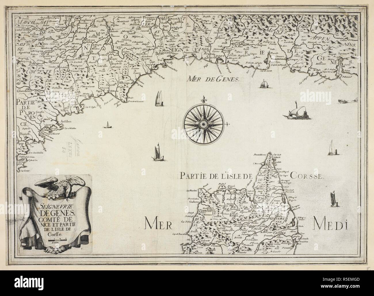 Una mappa di Genova, Nizza e parte dell'isola di Corsica. Seigneurie de GeÌ'nes, ComteÌ de Nizza, et partie de l'Isle de Corse. Fonte: Mappe K.Top.77.54. Lingua: Francese. Foto Stock