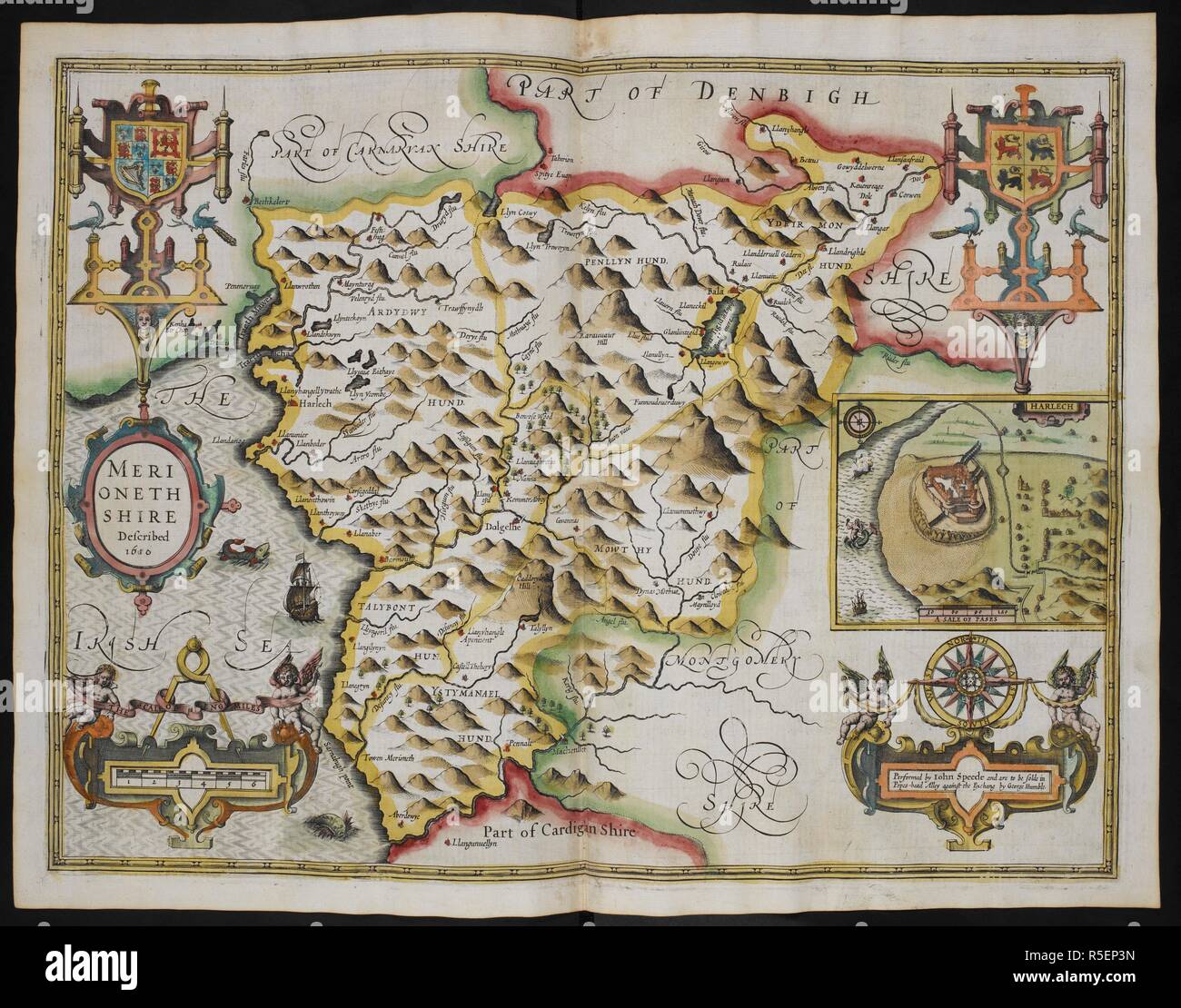 Merionethshire descritto 1610. Una mappa di Merionethshire; inset, la città di Harlech. Il Teatro dell'impero della Gran Bretagna. Londra : John Sudbury & George umile, 1611. Fonte: Mappe C.7.c.20.(2.), f.117. Autore: velocità, GIOVANNI. Foto Stock