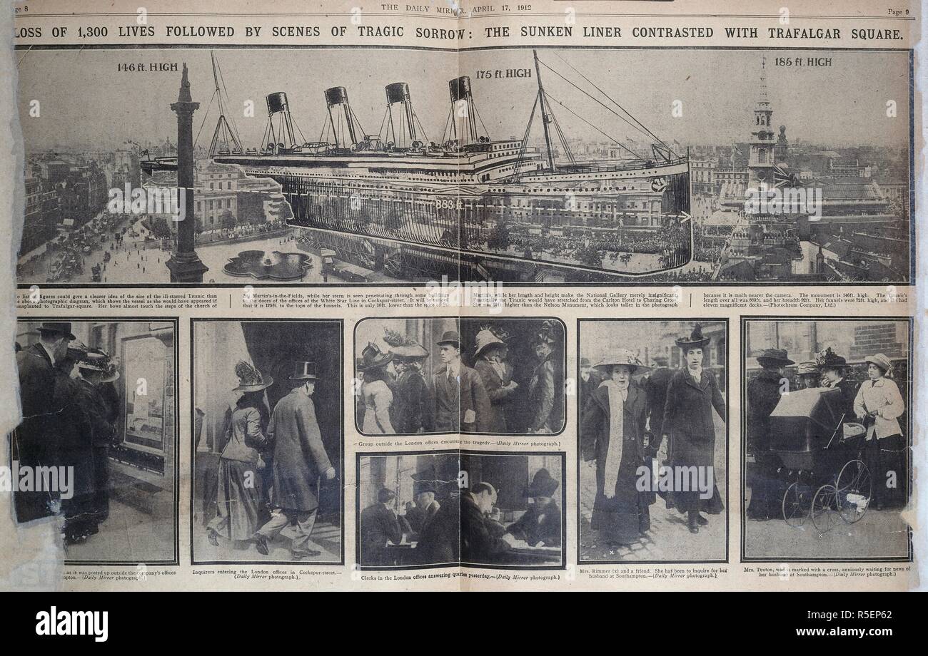 "Perdita di 1.300 vita seguita da scene di tragico dolore : sunken liner contrastato con Trafalgar square. Il Daily Mirror. Londra, 17 aprile 1912. Fotografie dei parenti dei passeggeri, effettuare indagini. Fonte: Daily Mirror, pagina 8. Foto Stock