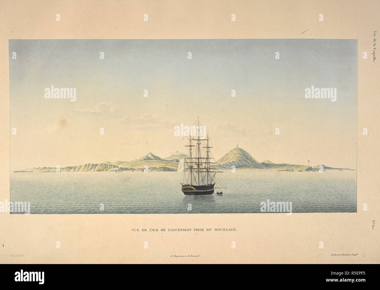 Vue de l'Ile de l'ascensione prise du Mouillage. Voyage autour du monde, exÃ©cutÃ© par ordre du Roi, sur la corvette de Sa MajestÃ© la Coquille, pendant les annÃ©es 1822, 1823, 1824 et 1825, sous le ministÃ¨re de S. E. M. le marquis de Clermont-Tonnerre, et publiÃ© Sous les auspici de Son eccellenza M. le CTE. de Chabrol, ministre de la Marine et des Colonies, par L. I. Duperrey... Capitaine de da frà©gate, commandant de l'expÃ©dition. Histoire Naturelle, zoologie. Atlas. Parigi : Arthus Bertrand, libraire-Ã©diteur..., 1826. Duperrey Louis-Isidore comandato la nave, La Coquille, sulla sua circumna Foto Stock