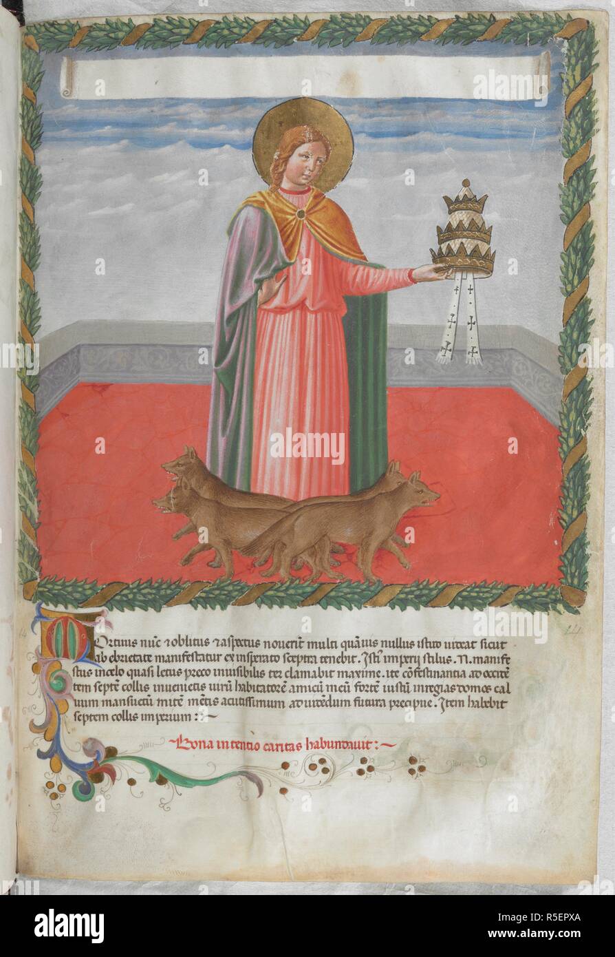 Miniatura di un santo che tiene un triregno. Vaticinia de Pontificibus. L'Italia, centrale (Firenze); secondo quarto del XV secolo. Fonte: Harley 1340, f.14. Lingue: Latina. Foto Stock