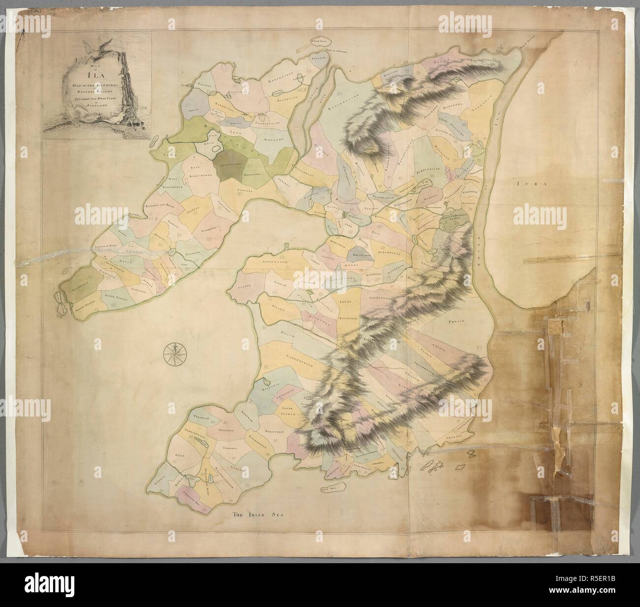 Una mappa di Isla, una delle Ebridi o isole occidentali della Scozia. Una grande mappa colorata di Ila, una delle Ebridi o isole occidentali della Scozia. 1769-1805. Fonte: Aggiungi. 11803.a. Autore: COOK, JAMES. Foto Stock