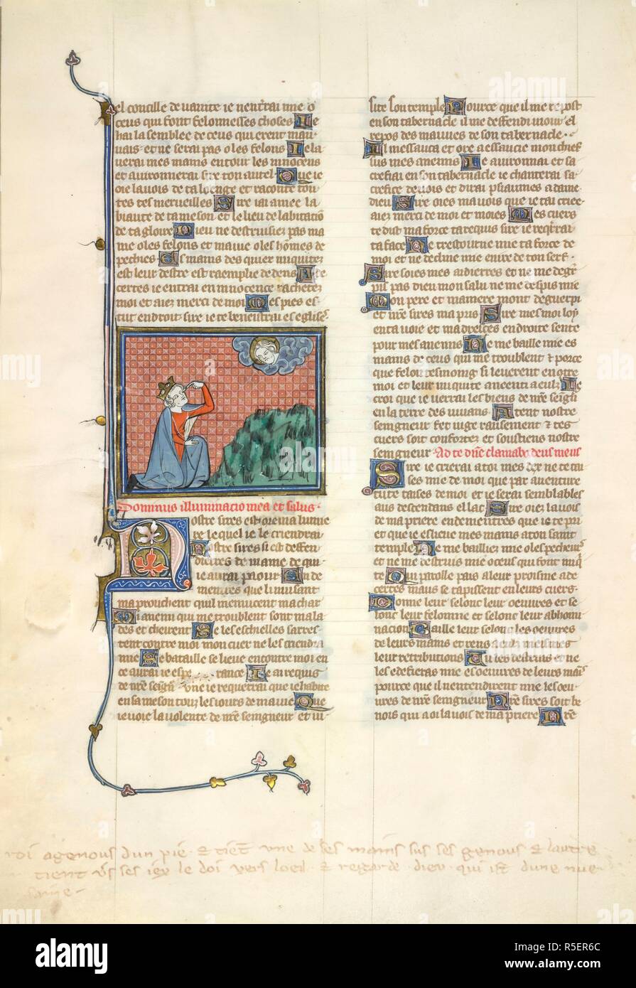 Miniatura di David inginocchiato davanti a Dio, decorate iniziale 'N'(ostre), e parziale confine. La Bibbia Historiale, prima parte (Genesis-Maccabees). Francia, Centrale (Parigi); c. 1320-1340. Fonte: Yates Thompson 20, f.385v. Lingua: Francese. Autore: COMESTOR, PETRUS. Foto Stock