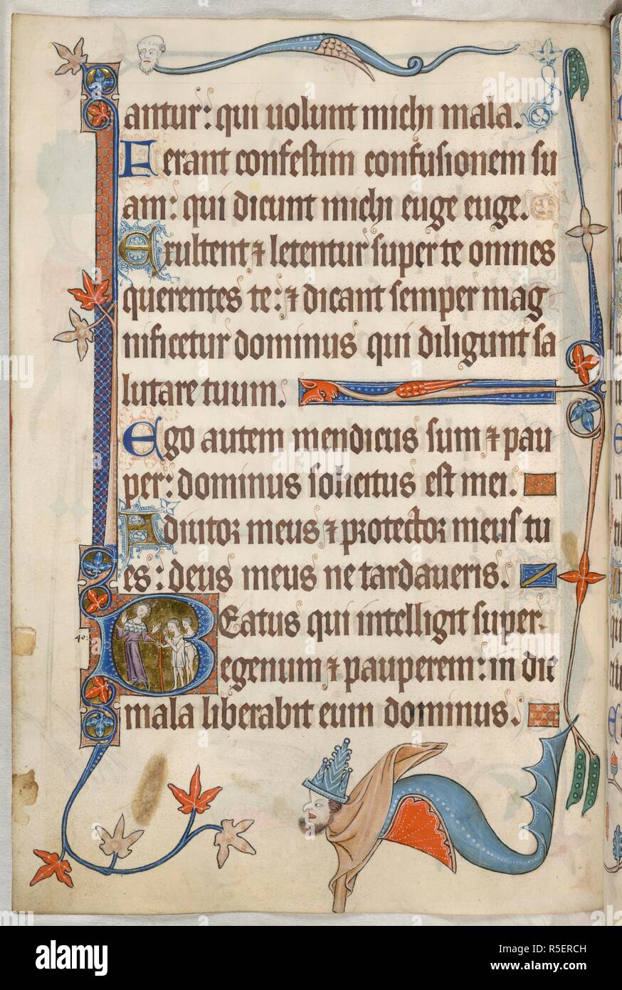 Salmo 40; grottesca. Luttrell Salterio. Inghilterra [East Anglia]; circa 1325-1335. [Tutto] folio fine del Salmo 39. Salmo 40 inizio con iniziale "B", un uomo offeso di fronte a due mendicanti in turni. Decorazione di confine tra cui un grottesco nel margine inferiore con il gancio dal naso-testa di un uomo barbuto, indossando un cappello a più livelli e con uno scudo come parte del suo corpo immagine presa dal Luttrell Salterio. Originariamente pubblicato/prodotto in Inghilterra [East Anglia]; circa 1325-1335. . Fonte: Aggiungi. 42130, f.79v. Lingue: Latina. Foto Stock