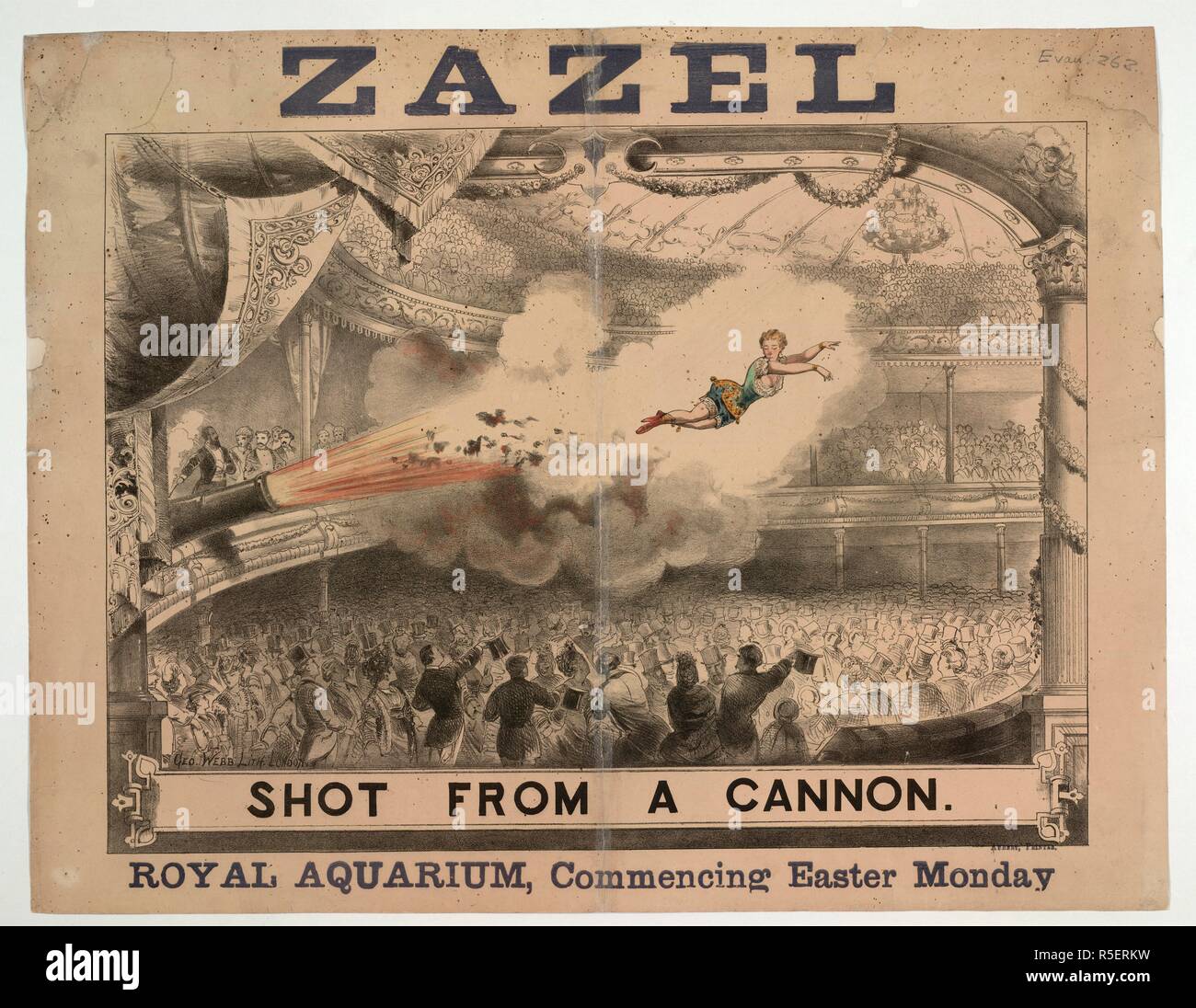 Madame Zazel sparato da un cannone. Poster per la performance acrobatiche da Zazel chi è stato promosso con successo da Guillermo Antonio Farini presso il Royal Aquarium nel 1877. Una collezione di opuscoli da locandine e stampati vari in materia di intrattenimento in stile vittoriano e la vita di tutti i giorni. Londra, 1877. Fonte: Evan.263. Lingua: Inglese. Autore: Evanion, Henry. Foto Stock