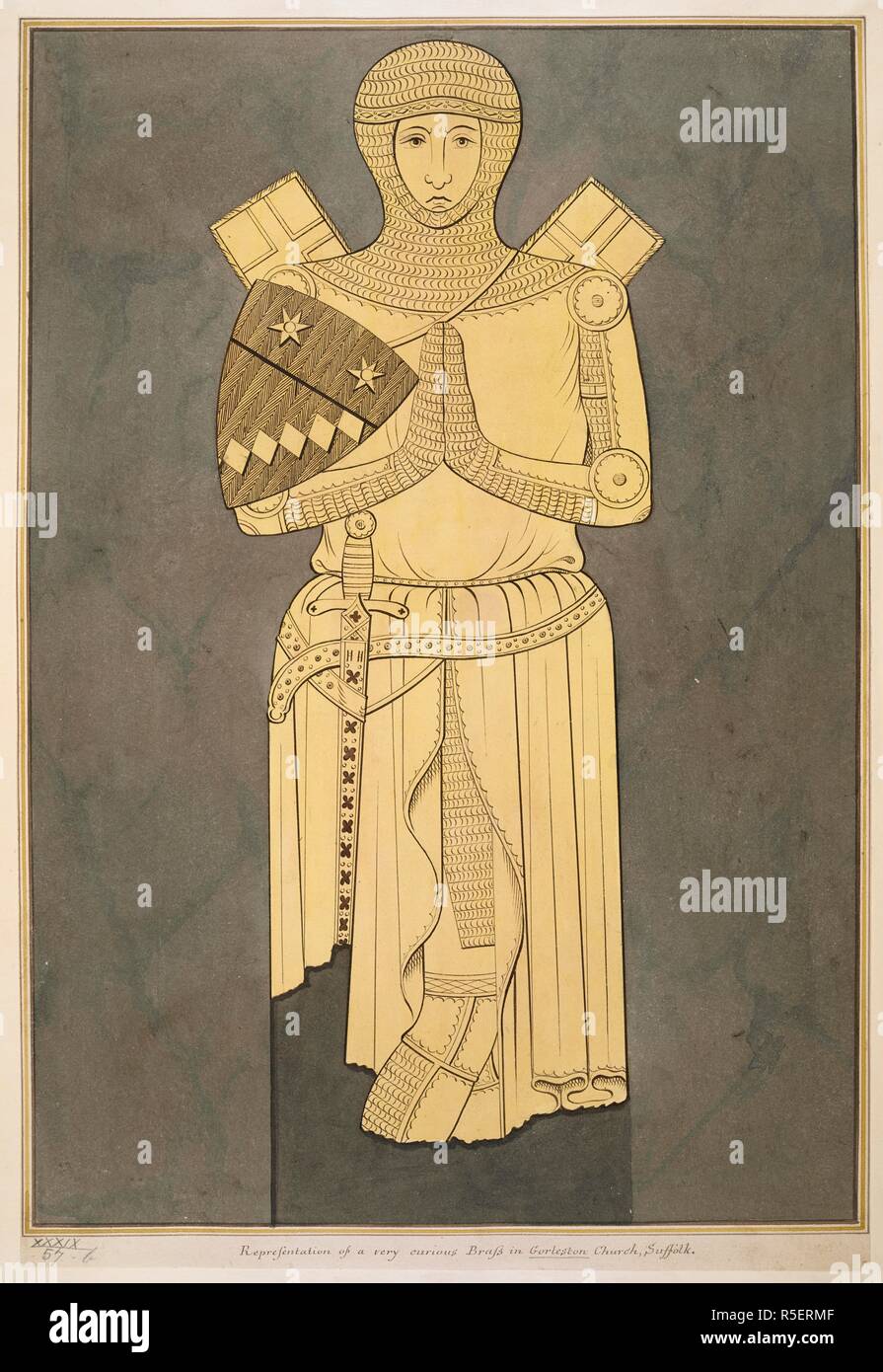 Un disegno di un monumentale ottone raffigurante un membro della famiglia di Bacon, nella chiesa di Sant'Andrea, Gorleston, Norfolk . c. 1790-1810. Fonte: Mappe K.Top.39.57.b. Lingua: Inglese. Foto Stock