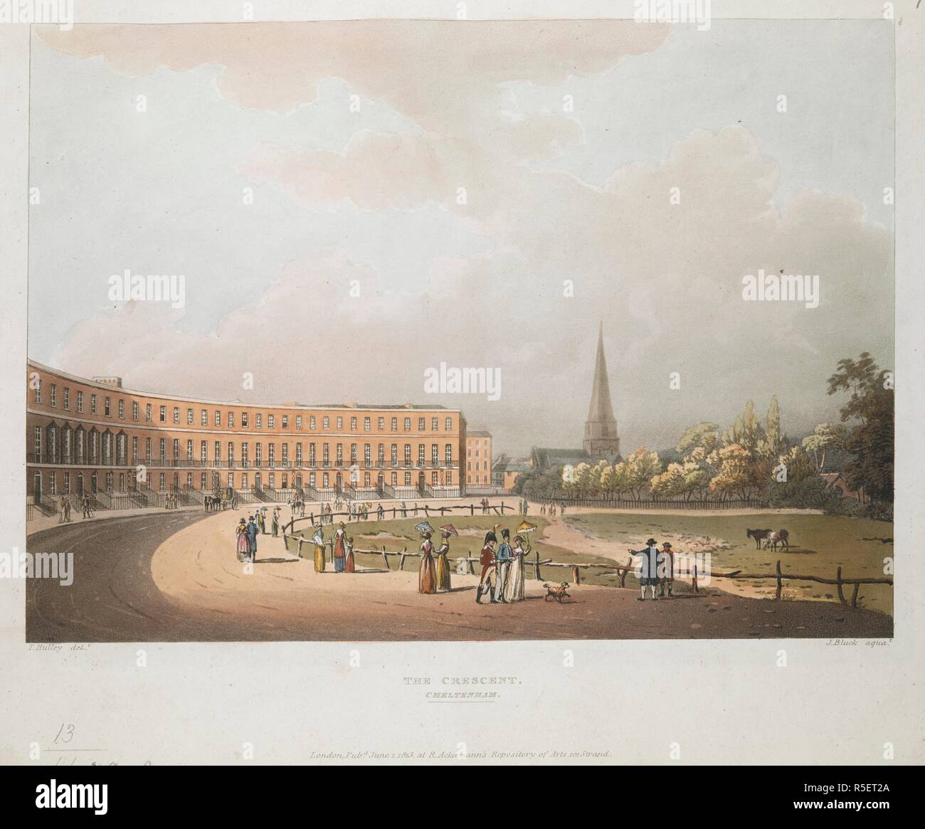 Eleganti uomini e donne a piedi dal crescent, Cheltenham; bovini a destra; la guglia della Basilica di Santa Maria Vergine della Chiesa la distanza. La mezzaluna : Cheltenham. Londra : Pubd 1 giugno 1813 a R. Ackermann's repository delle arti 101 Strand, [1 Giugno 1813]. La puntasecca e incisione con mano-colorazione. Fonte: Mappe K.Top.13,66.2.a.2. Lingua: Inglese. Autore: Bluck. Foto Stock