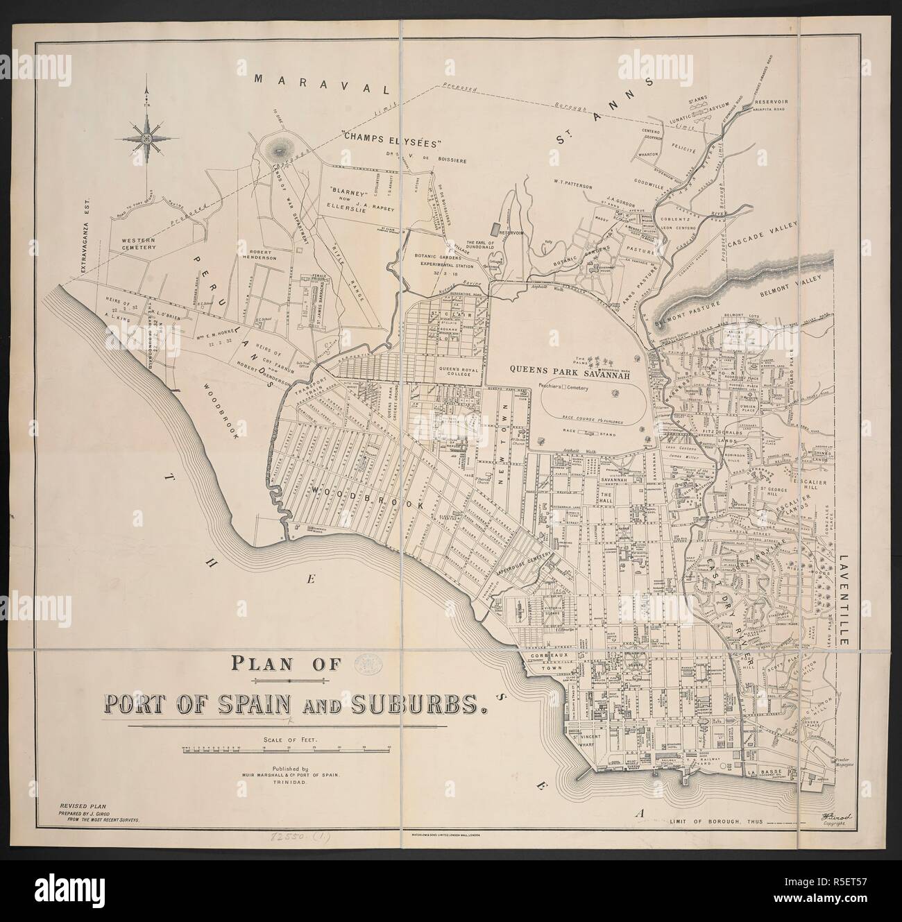 Un piano del porto di Spagna e nei sobborghi. Piano del porto di Spagna e nei sobborghi. Scala di piedi, 40[ = 160 mm.]. Piano riveduto preparato da J. Girod. Porto di Spagna : Muir, Marshall & Co., [1912]. Fonte: Mappe 82550.(1.). Lingua: Inglese. Foto Stock