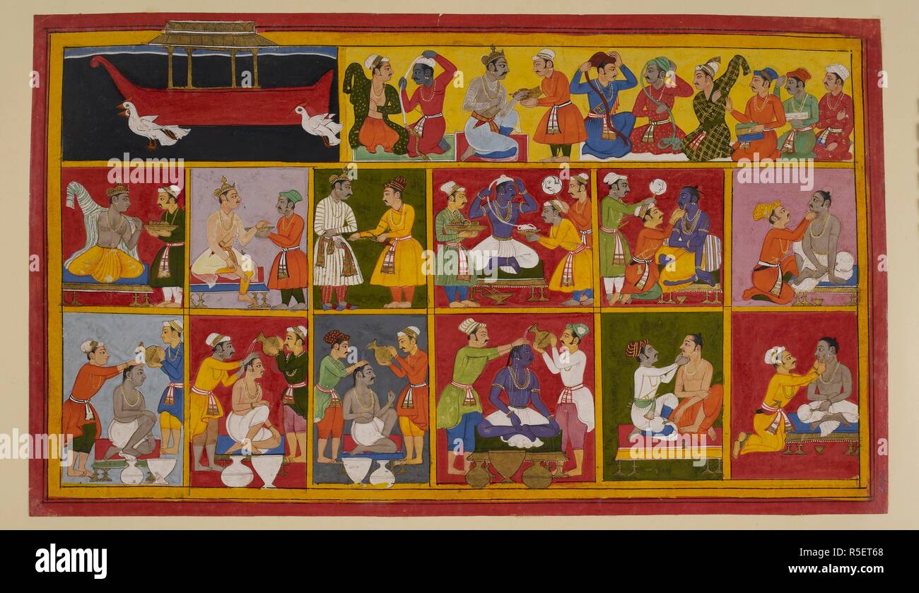 E RÄma Laká¹£maá¹‡a vengono riunite con Bharata e Åšatrughna, che hanno mantenuto RÄmaâ€™s unito per lui durante i quattordici anni di esilio. I quattro fratelli bagnarsi, la barba e si vestono in una serie di dodici comparti, pronto per RÄmaâ€™s incoronazione. VibhÄ"á¹£aá¹‡a e le scimmie, ancora in veste umana, mettere su abiti e legare i loro turbanti, mentre il Puá¹£paka chariot vola fuori torna a Kubera, il dio della ricchezza e del suo maestro originale dalla quale RÄvaá¹‡una stola. Ramayana. Udaipur, 1652. Fonte: Aggiungi. 15297(1), f.200. Lingua: sanscrito. Foto Stock