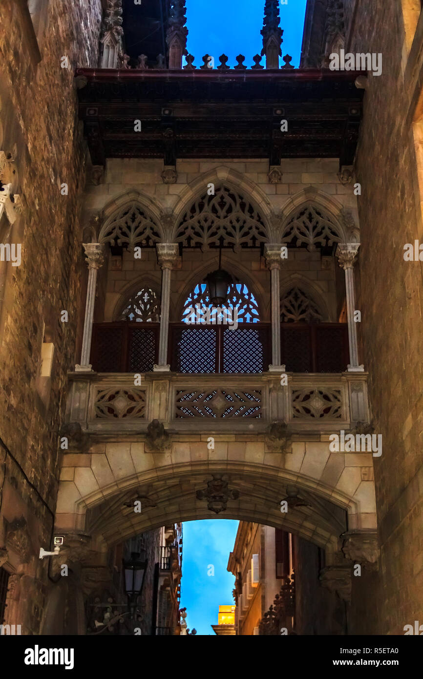 Ponte dei Sospiri o Pont del Bisbe nel Barrio Gotico o il quartiere Gotico di Barcellona, in Catalogna, Spagna dopo il tramonto Foto Stock