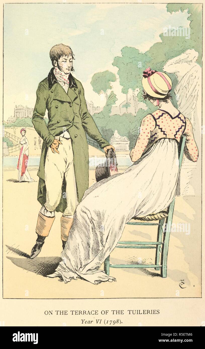 Le Tuileries. La moda a Parigi: le varie fasi del femminile t. W. Heinemann: Londra, 1898. Sulla terrazza del Tuileries. VI anno (1798). Il gentleman indossa una giacca verde e stivali da cavallo. La signora indossa una veste bianca e rossa e abito macchiato e il cofano. Immagine presa dalla moda di Parigi: le varie fasi di gusto femminile e Ã¦sthetics dal 1797 al 1897 dal francese dalla signora M. Loyd. Con un centinaio di mano-le piastre colorate e duecento cinquanta illustrazioni di testo da F. Courboin... Originariamente pubblicato/prodotto in W. Heinemann: Londra, 1898. . Fonte: 7742.de.8, la piastra 3. Lingua: Engl Foto Stock