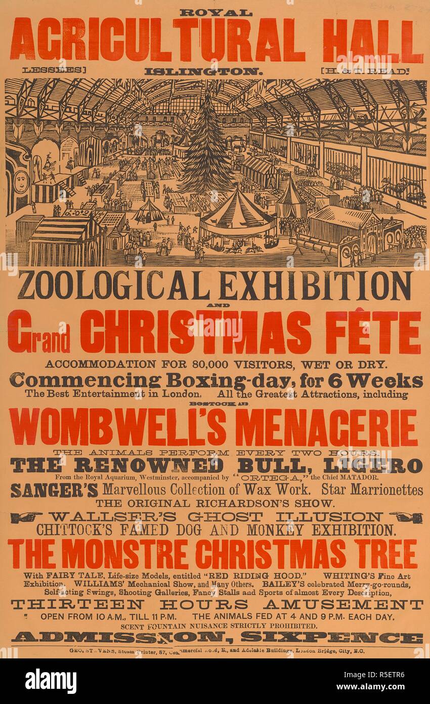 Royal Agricultural Hall. Mostra zoologica e grand Natale fete, 1879. Una illustrazione che mostra le attrazioni dentro il Royal Agricultural Hall. [Londra] : Geo. Stevens, stampante a vapore, 87, strada commerciale, E., e gli edifici di Adelaide, London Bridge, Città, E.C., 1879. Fonte: Evan.2739. Lingua: Inglese. Foto Stock