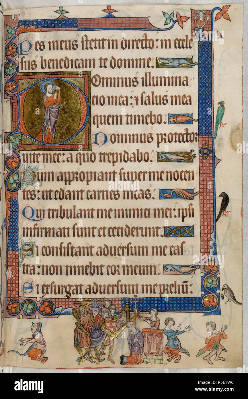 Il salmo 24; Thomas Becket. Luttrell Salterio. Inghilterra [East Anglia]; circa 1325-1335. [Intero folio] Testo; Salmo 24 inizio con iniziale 'D', un uomo nimbed somigliante a Cristo sta puntando alla sua bocca. Decorazione marginale, compreso un Robin, un pappagallo verde e un jay. Nel margine inferiore, il Martirio di San Tommaso Becket. Thomas si inginocchia di fronte a un altare con quattro cavalieri dietro di lui; il cavaliere più vicina, Reginald Fitzurse, è scindere il capo del santo con una spada dorata. Immagine presa da Luttrell Salterio. Originariamente pubblicato/prodotto in Inghilterra [East Anglia]; circa 1325-1335. . Fonte: Aggiungi. Foto Stock