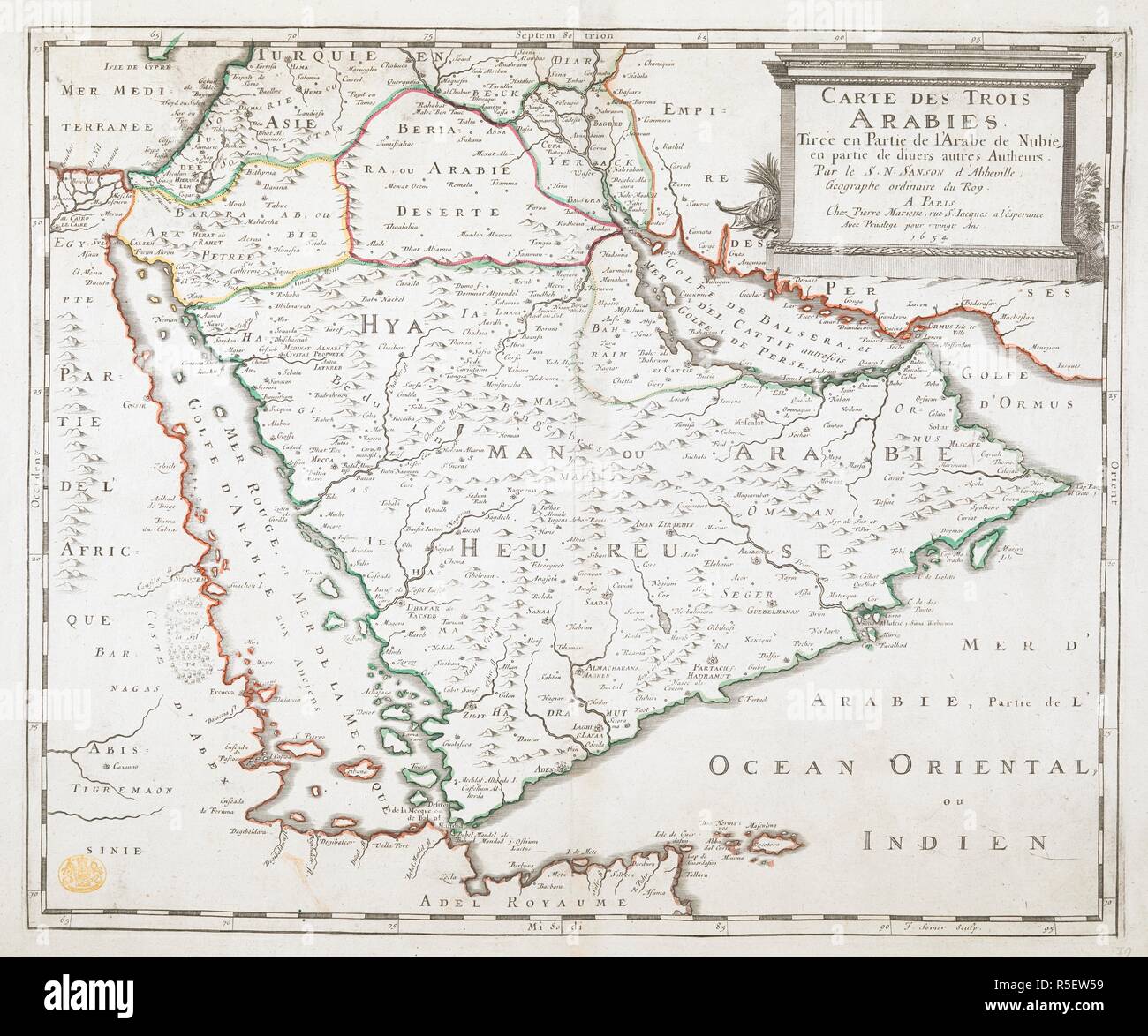 Una mappa dei tre Arabias. Carte des Trois Arabies. Parigi, 1654. Fonte: Mappe K.Top.114.86. Lingua: Francese. Autore: Sanson, N. Foto Stock